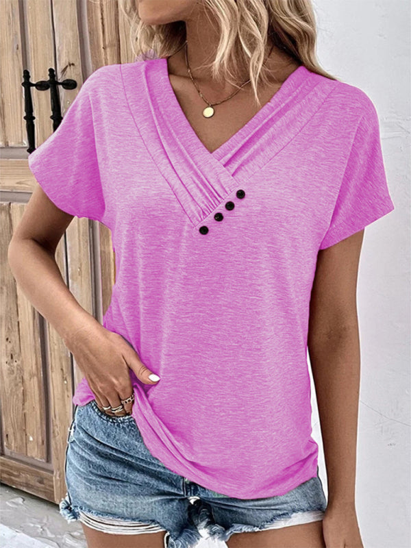 New casual vacation comfortable loose collar short-sleeved T-shirt sweater button top