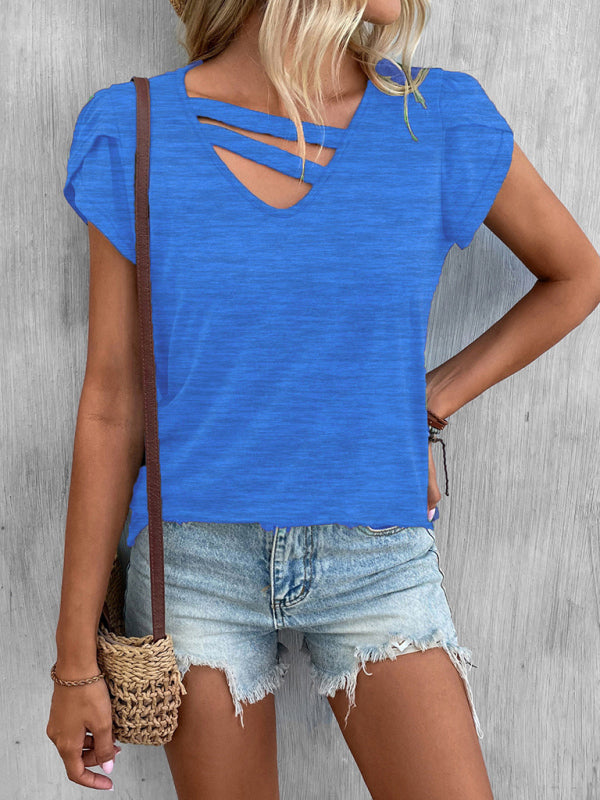 New Ladies Solid Color V-Neck Petal Sleeve Loose T-Shirt