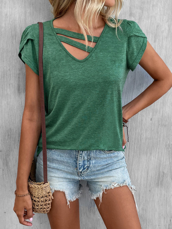 New Ladies Solid Color V-Neck Petal Sleeve Loose T-Shirt