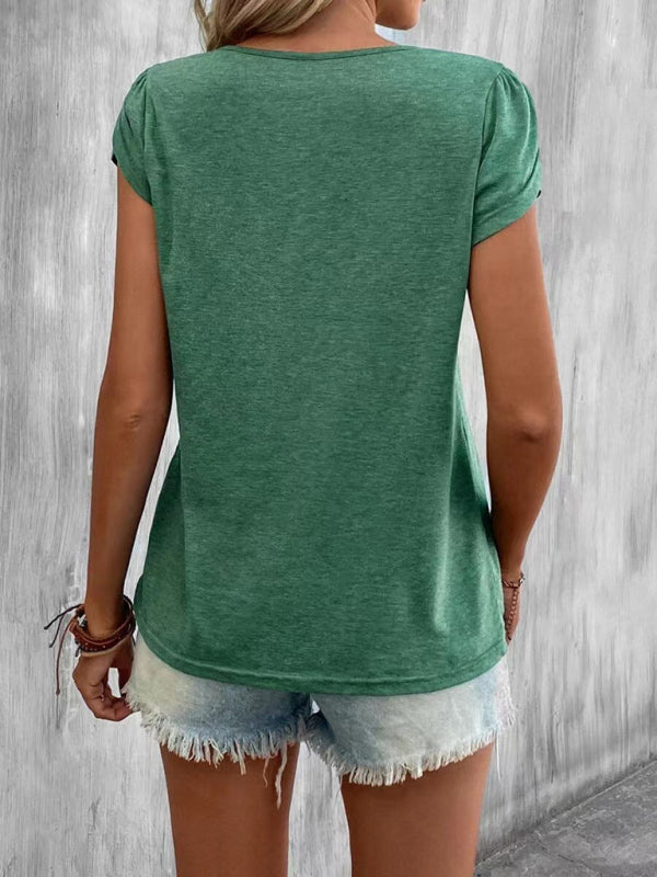 New Ladies Solid Color V-Neck Petal Sleeve Loose T-Shirt
