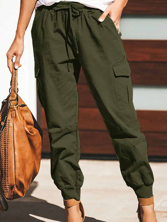 Solid Color Tie-Waist Cargo Pants
