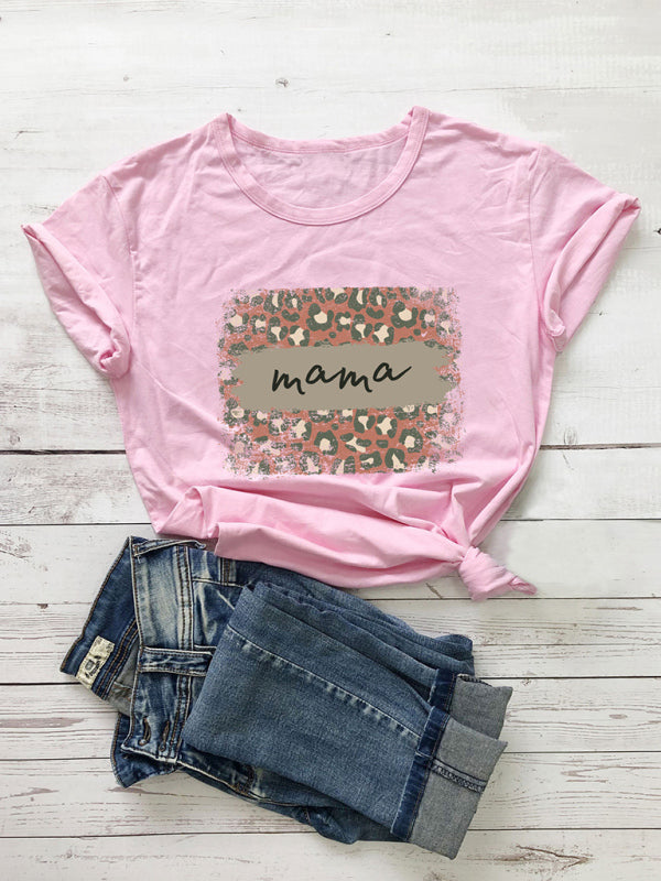 Women's Knitted Round Neck Leopard Print Mother's Day Short Sleeve T-Shirt