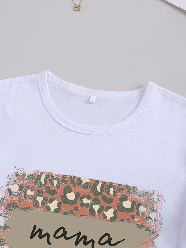 Women's Knitted Round Neck Leopard Print Mother's Day Short Sleeve T-Shirt