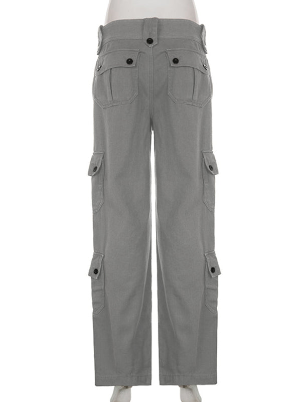 Retro Wide Belt Cargo Trousers with Pockets