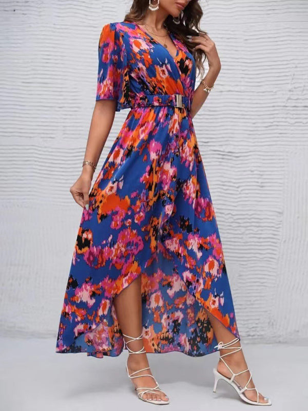 Bohemian Floral V-Neck Irregular Hem Beach Dress – Lightweight Short Sleeve