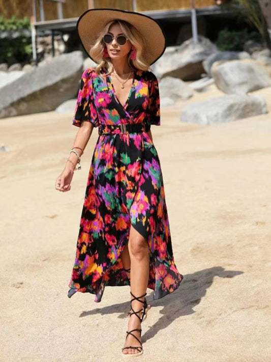 Bohemian Floral V-Neck Irregular Hem Beach Dress – Lightweight Short Sleeve