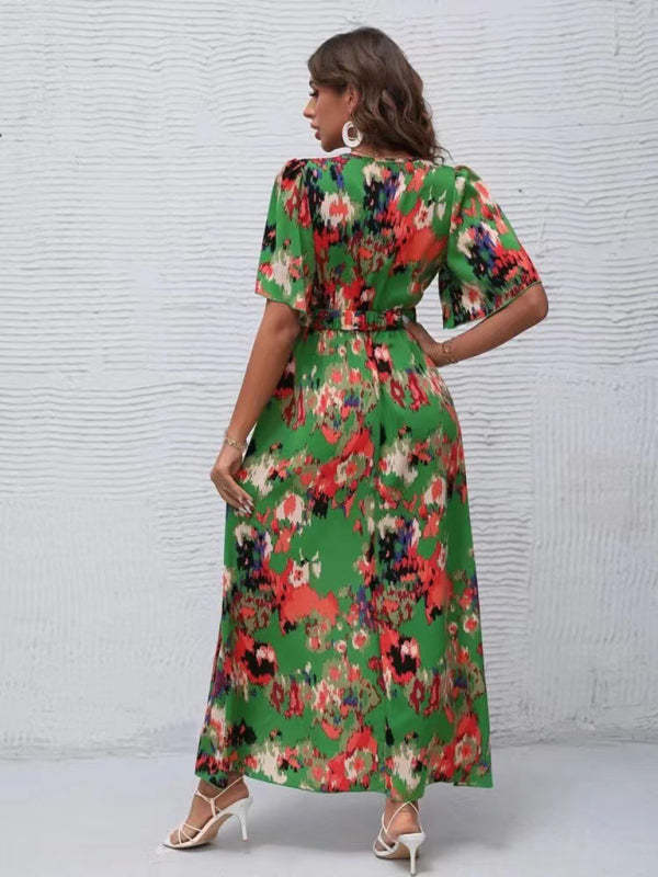 Bohemian Floral V-Neck Irregular Hem Beach Dress – Lightweight Short Sleeve