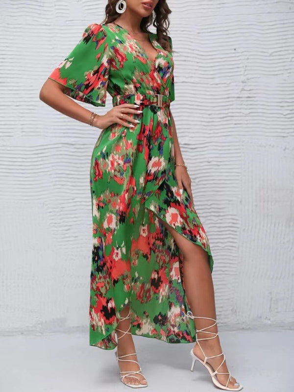 Bohemian Floral V-Neck Irregular Hem Beach Dress – Lightweight Short Sleeve