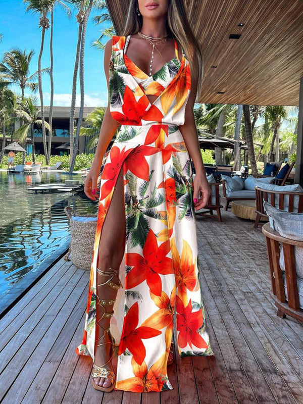 Women's Floral Sleeveless V-Neck Maxi Dress with Slit – Lightweight Vacation Style