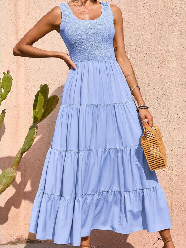 Sleeveless Pleated Swing Dress – Solid Color, Flowy Fit, Summer Style