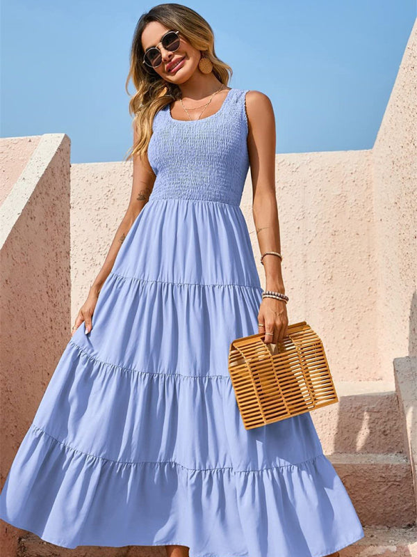 Sleeveless Pleated Swing Dress – Solid Color, Flowy Fit, Summer Style