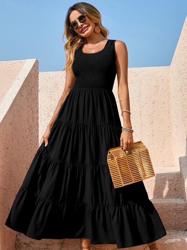 Sleeveless Pleated Swing Dress – Solid Color, Flowy Fit, Summer Style