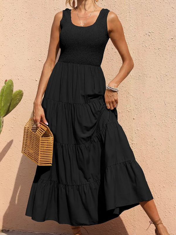 Sleeveless Pleated Swing Dress – Solid Color, Flowy Fit, Summer Style