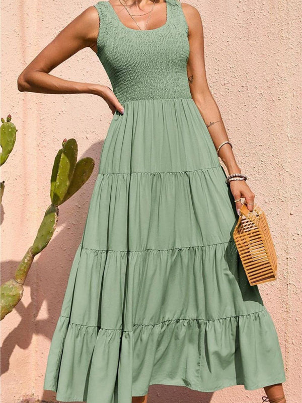 Sleeveless Pleated Swing Dress – Solid Color, Flowy Fit, Summer Style
