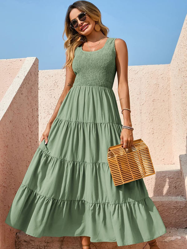 Sleeveless Pleated Swing Dress – Solid Color, Flowy Fit, Summer Style