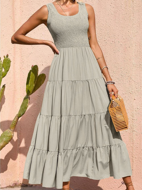 Sleeveless Pleated Swing Dress – Solid Color, Flowy Fit, Summer Style