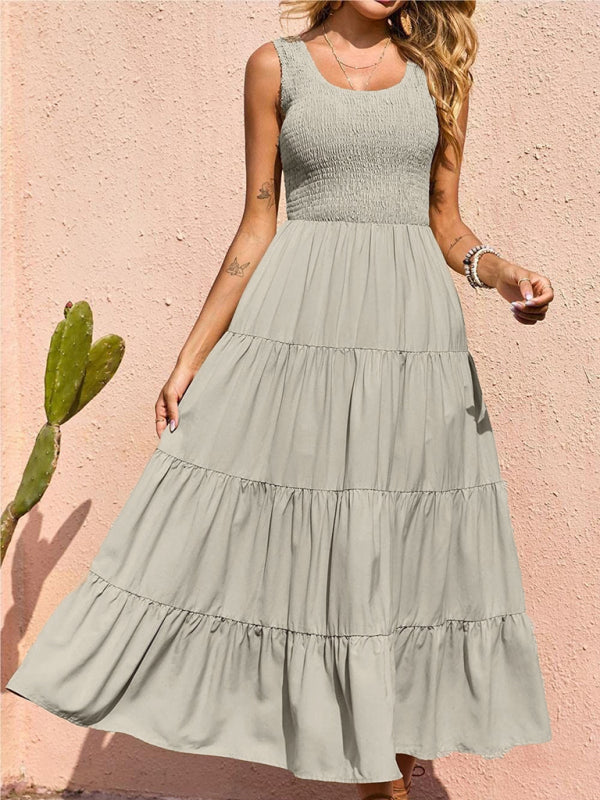 Sleeveless Pleated Swing Dress – Solid Color, Flowy Fit, Summer Style