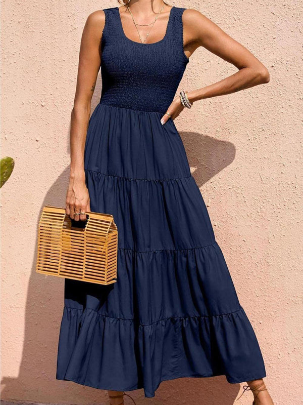 Sleeveless Pleated Swing Dress – Solid Color, Flowy Fit, Summer Style