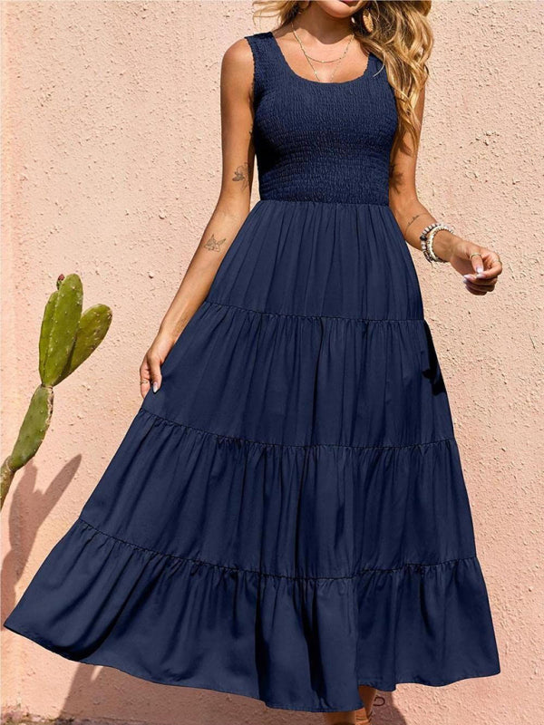 Sleeveless Pleated Swing Dress – Solid Color, Flowy Fit, Summer Style
