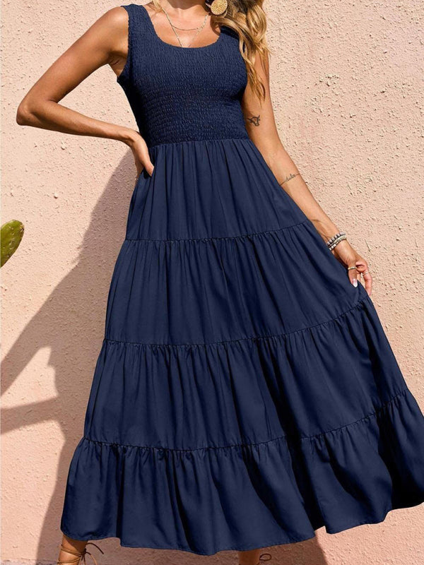 Sleeveless Pleated Swing Dress – Solid Color, Flowy Fit, Summer Style