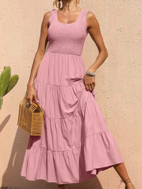 Sleeveless Pleated Swing Dress – Solid Color, Flowy Fit, Summer Style