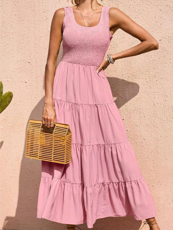 Sleeveless Pleated Swing Dress – Solid Color, Flowy Fit, Summer Style