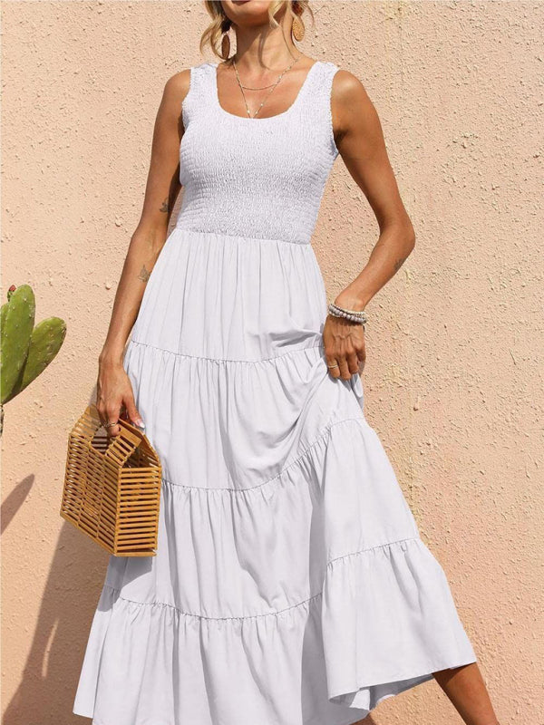 Sleeveless Pleated Swing Dress – Solid Color, Flowy Fit, Summer Style
