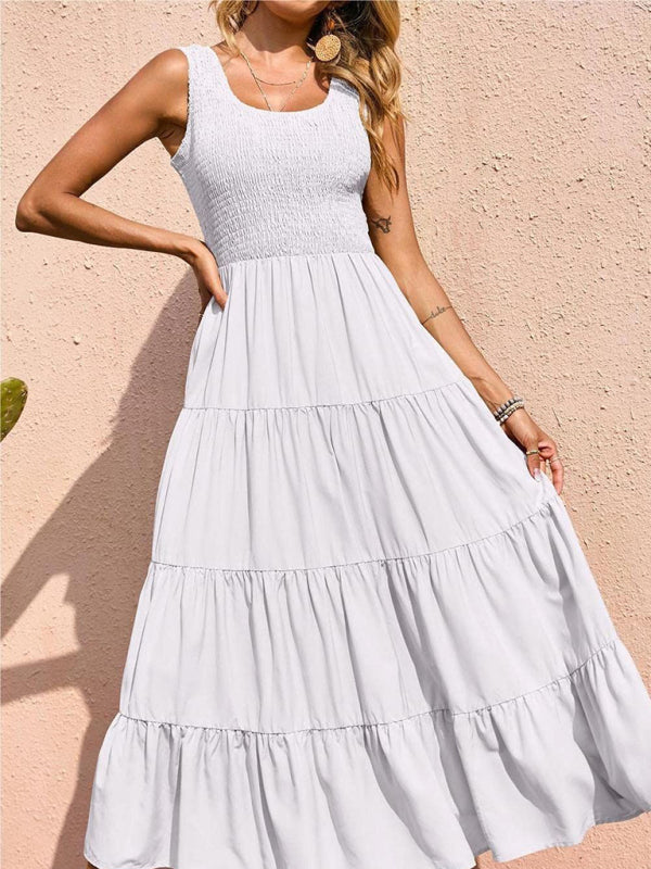 Sleeveless Pleated Swing Dress – Solid Color, Flowy Fit, Summer Style