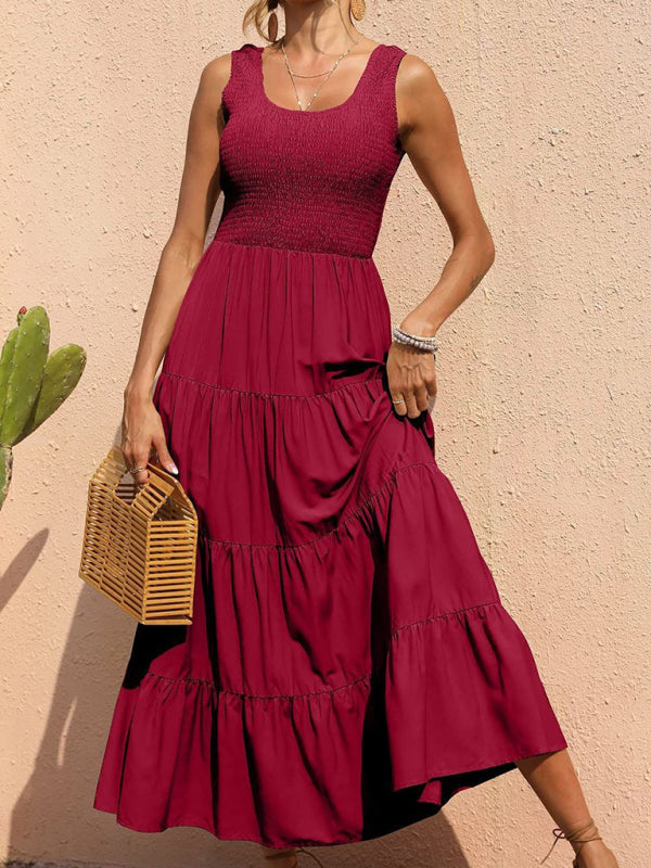 Sleeveless Pleated Swing Dress – Solid Color, Flowy Fit, Summer Style