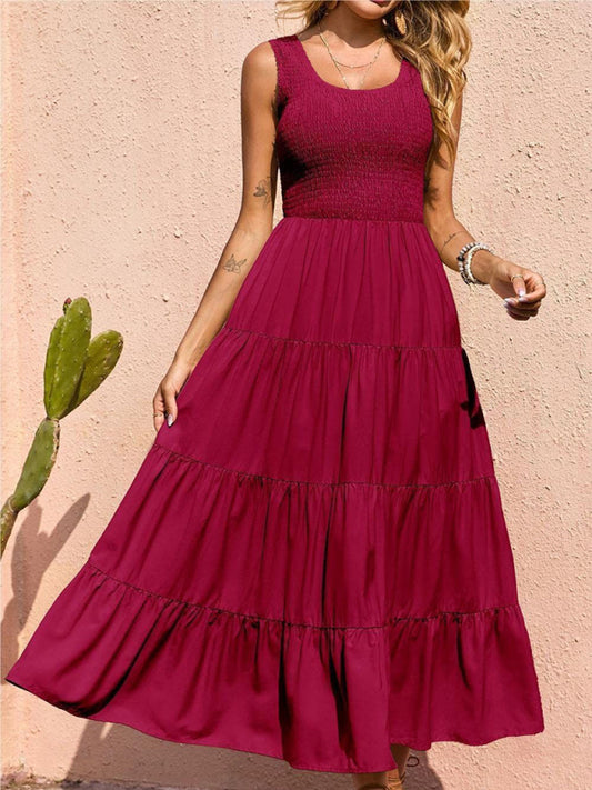 Sleeveless Pleated Swing Dress – Solid Color, Flowy Fit, Summer Style