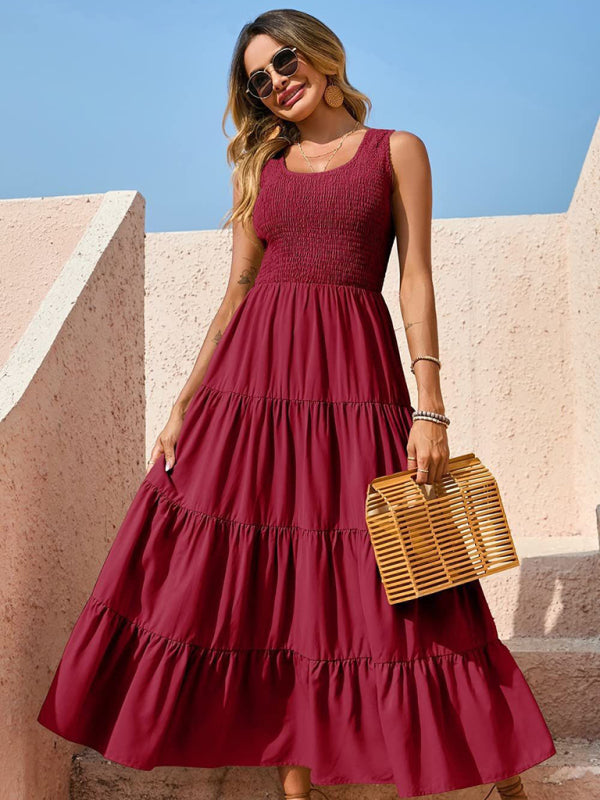 Sleeveless Pleated Swing Dress – Solid Color, Flowy Fit, Summer Style