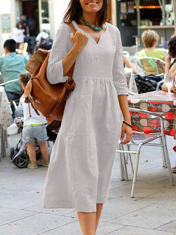 Solid V-Neck Mid-Sleeve Dress for Women – Soft Cotton Blend, Slant Pockets