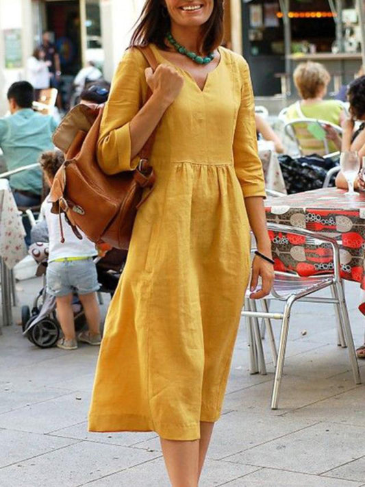 Solid V-Neck Mid-Sleeve Dress for Women – Soft Cotton Blend, Slant Pockets