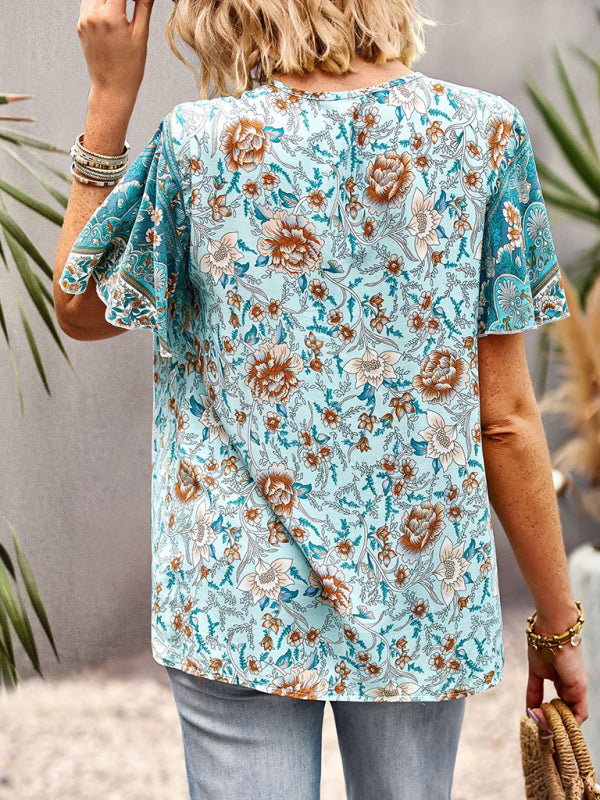 Blouse à manches courtes avec col en V et motif floral