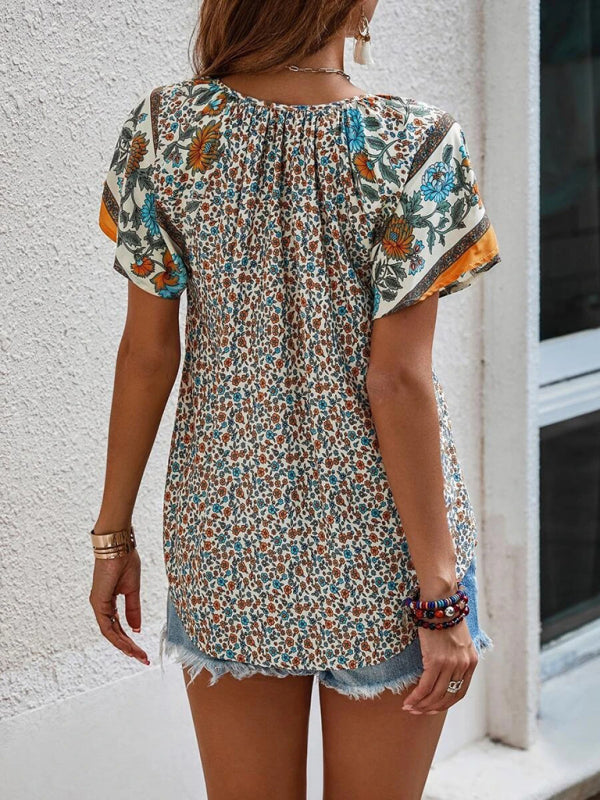 Boho Floral V-Neck Short Sleeve Loose Shirt