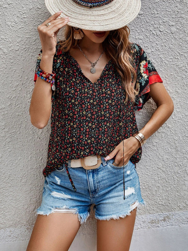 Boho Floral V-Neck Short Sleeve Loose Shirt