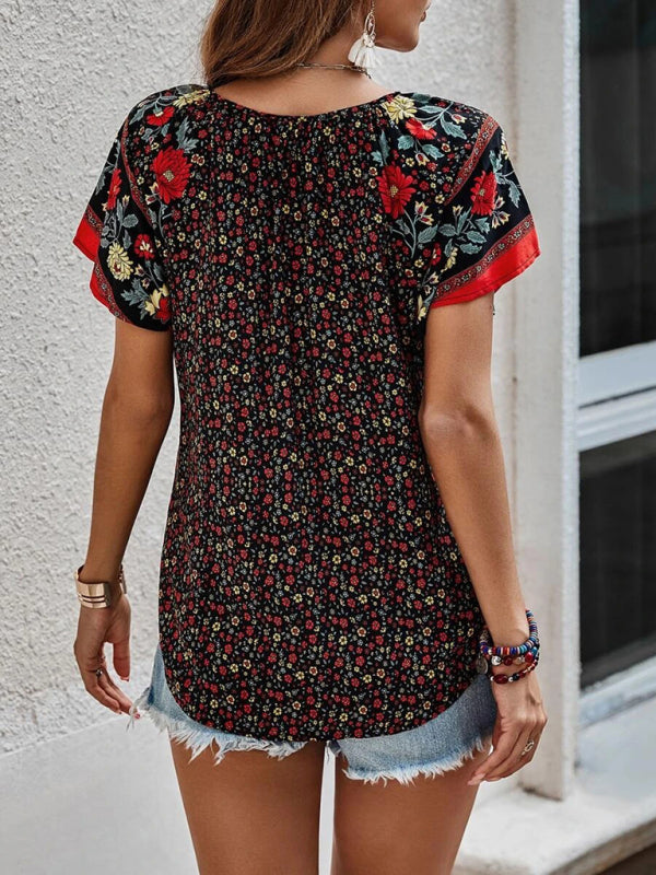Boho Floral V-Neck Short Sleeve Loose Shirt