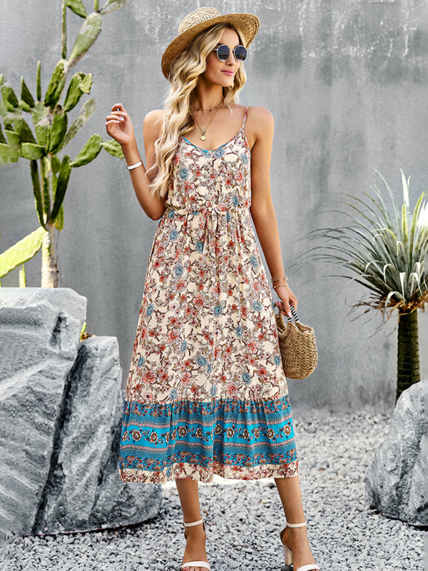 Floral Slit Suspender Maxi Dress – Bohemian Vacation Style