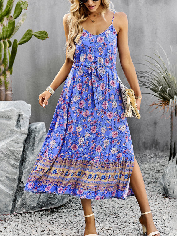 Floral Slit Suspender Maxi Dress – Bohemian Vacation Style