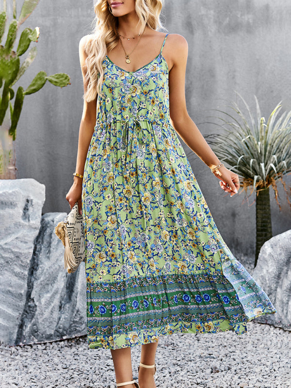 Floral Slit Suspender Maxi Dress – Bohemian Vacation Style