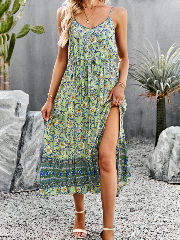Floral Slit Suspender Maxi Dress – Bohemian Vacation Style