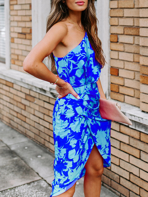 Floral Off-Shoulder Chiffon Dress – Slant Neck, Sleeveless, Spring-Summer Style