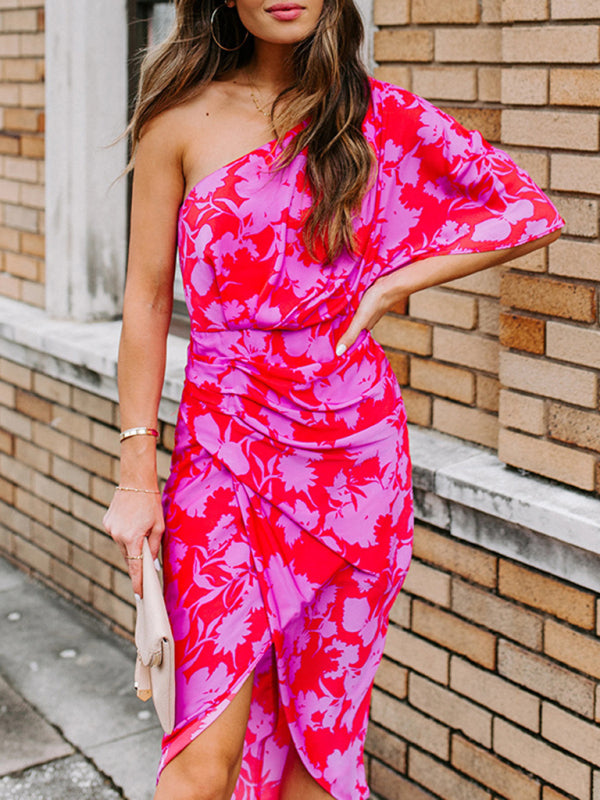 Floral Off-Shoulder Chiffon Dress – Slant Neck, Sleeveless, Spring-Summer Style