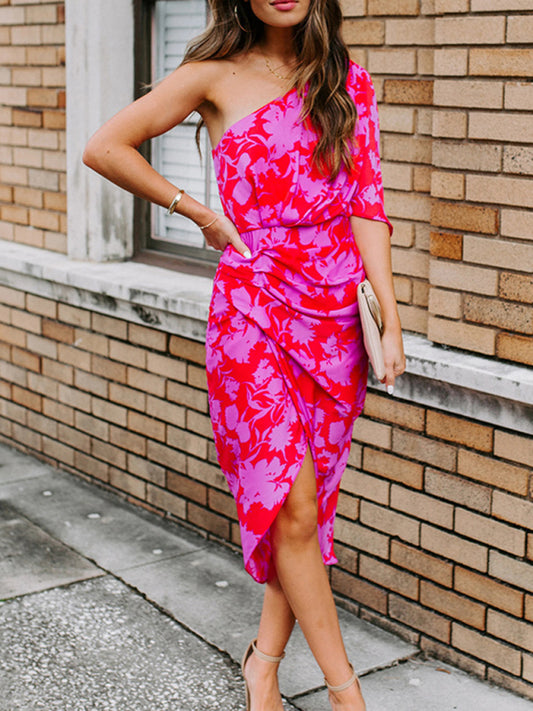 Floral Off-Shoulder Chiffon Dress – Slant Neck, Sleeveless, Spring-Summer Style
