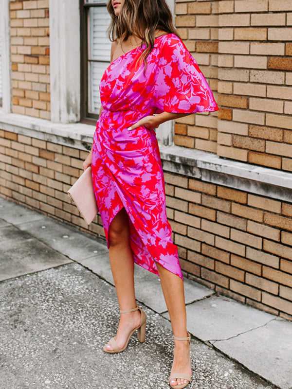 Floral Off-Shoulder Chiffon Dress – Slant Neck, Sleeveless, Spring-Summer Style