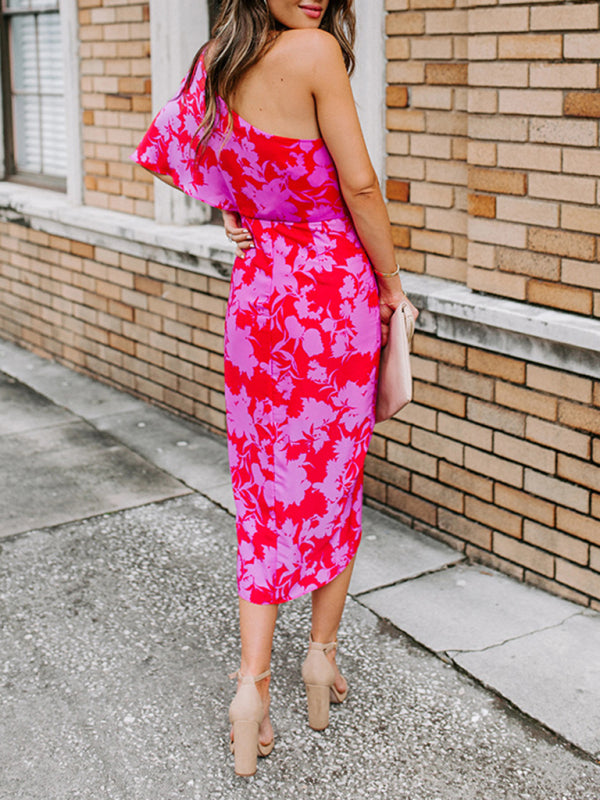 Floral Off-Shoulder Chiffon Dress – Slant Neck, Sleeveless, Spring-Summer Style