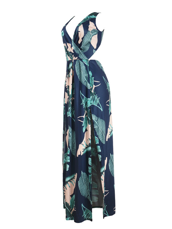Tropical Plant Backless Slit Maxi Dress – Deep V Cut, Sleeveless