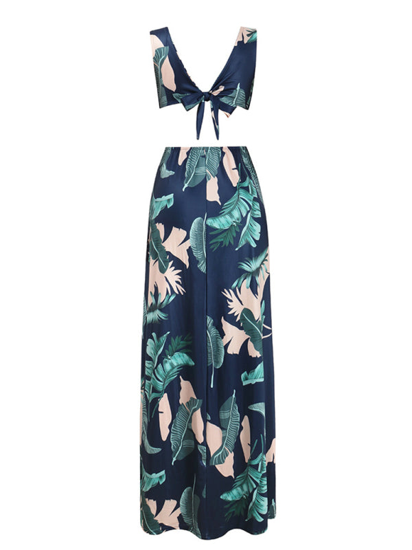 Tropical Plant Backless Slit Maxi Dress – Deep V Cut, Sleeveless
