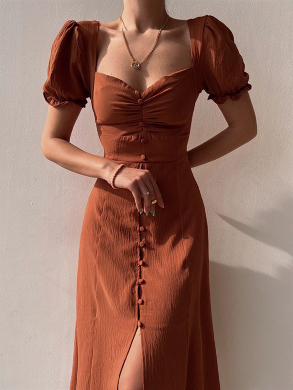 Sweetheart Neck Puff Sleeve Midi Dress - Cotton Blend, Elegant H-line Fit