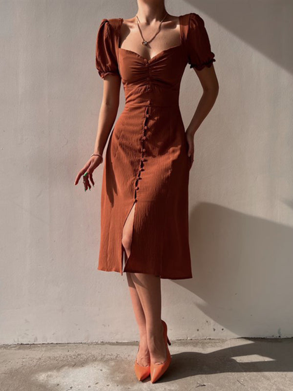 Sweetheart Neck Puff Sleeve Midi Dress - Cotton Blend, Elegant H-line Fit